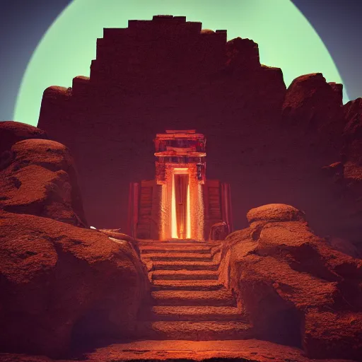 Image similar to high - res photograph of a ancient temple surreal martian in temple dramatic lighting, epic, octane render, volumetric light, unreal engine, artbreeder, 4 k, background, scene