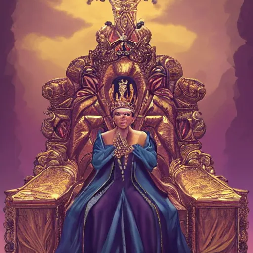 Prompt: A beautiful Queen sitting in a throne, concept art, wide shot, godrays, grand