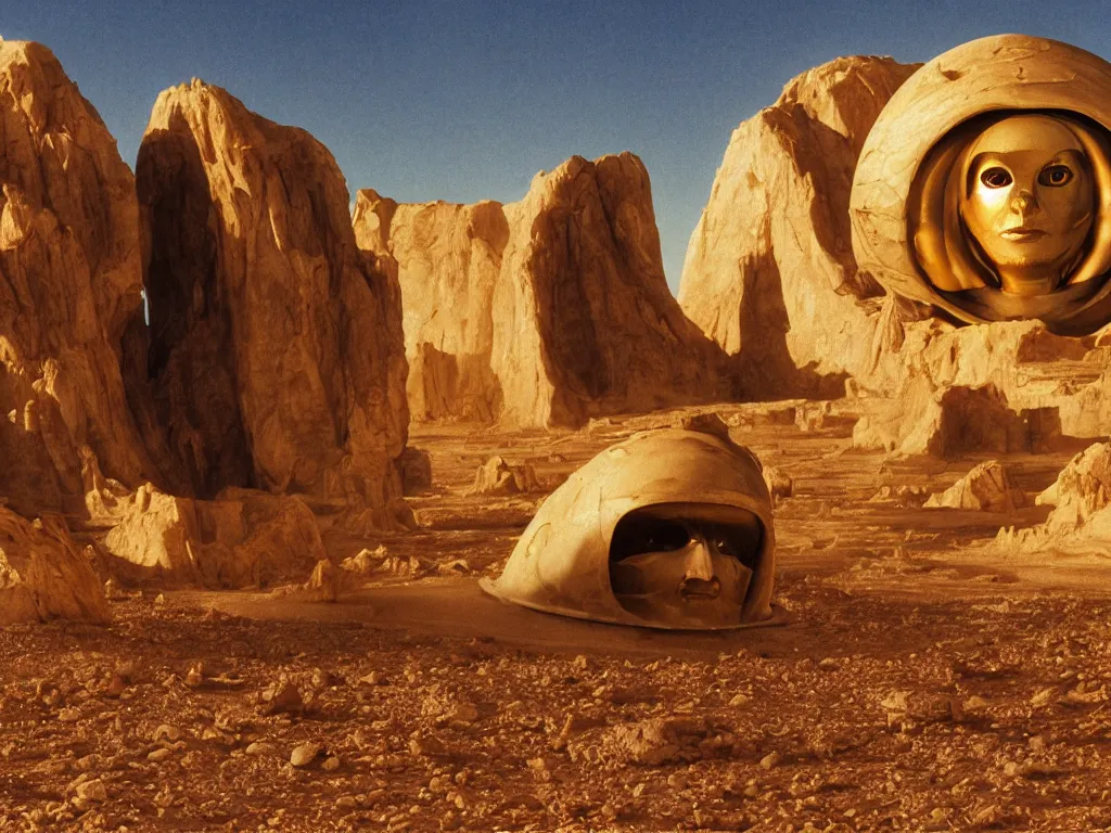 Image similar to glowing bene gesserit in full - face golden mask in a dry rocky desert landscape with abandoned city beneath the sand and giant alien spaceship in the sky attacks the earth, giant mirrors by christopher doyle and alejandro jodorowsky, anamorphic lens, kodakchrome, cinematic composition, very detailed photo, 8 k,