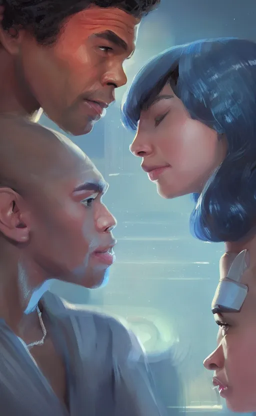 Image similar to Celia Rose Gooding as Uhura and Ethan Peck as Spock caught about to kiss, surprise, cute, innocent, soft lighting, standing in a starbase bar, In style of wojtek fus, by Makoto Shinkai, concept art, highly detailed