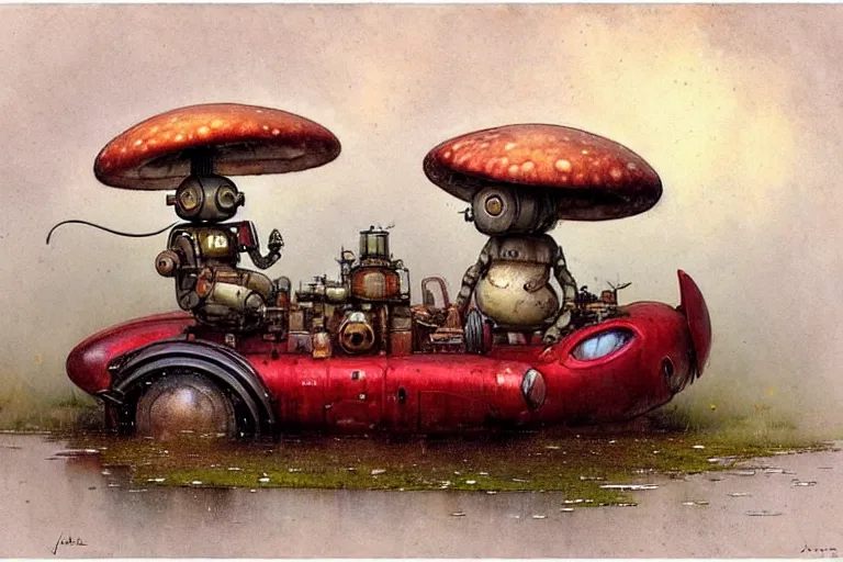 Image similar to adventurer ( ( ( ( ( 1 9 5 0 s retro future robot fat mouse amphibious vehical home. muted colors. swamp mushrooms ) ) ) ) ) by jean baptiste monge!!!!!!!!!!!!!!!!!!!!!!!!! chrome red