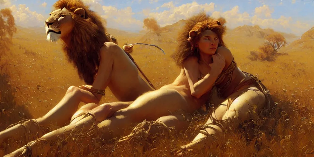 Image similar to an exhausted lion hunter girl. highly detailed painting by gaston bussiere, craig mullins, j. c. leyendecker 8 k