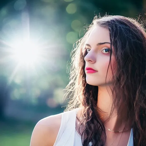 Prompt: outdoor portrait of a very beautiful young woman with gorgeous eyes, high cheek bones, flowing hair, lens flare, light bleed, glow filter, dramatic lighting, 5 0 mm f 1. 2, fuji 4 0 0 h