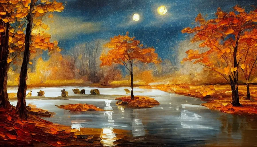 Image similar to an oil painting of a beautiful woman melting into a peaceful river at night, slightly dark, it's autumn and a gentle breeze is moving leaves around, cinematic lighting, establishing shot, art station