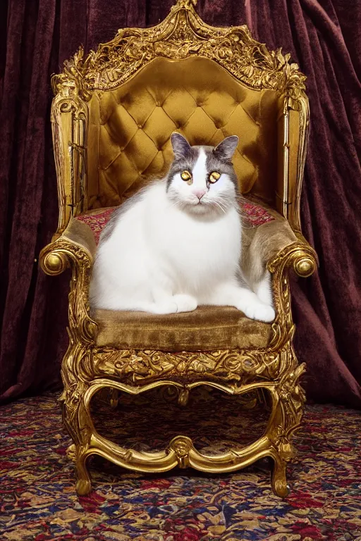 Image similar to tintype photography, portrait of a royal cat in his royal robes, outrageously fluffy, on an embroidered velvet cushion on a neo - rococo gilded little bed, by david lachapelle, photorealistic, photography, wide shot