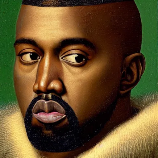 Image similar to portrait of kanye west, oil painting by jan van eyck, northern renaissance art, oil on canvas, wet - on - wet technique, realistic, expressive emotions, intricate textures, illusionistic detail