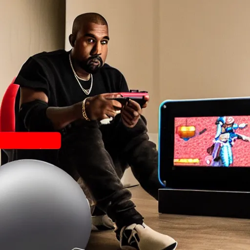 Image similar to kanye west playing the nintendo switch, worried look on face, shot on iphone