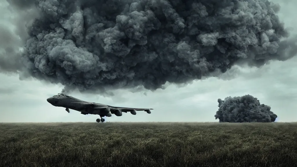 Prompt: an alternate reality c - 5 galaxy crashed and burning in a field, thick black smoke billowing, turbulent storm clouds, dystopian, fog, sharp focus, octane render, imax