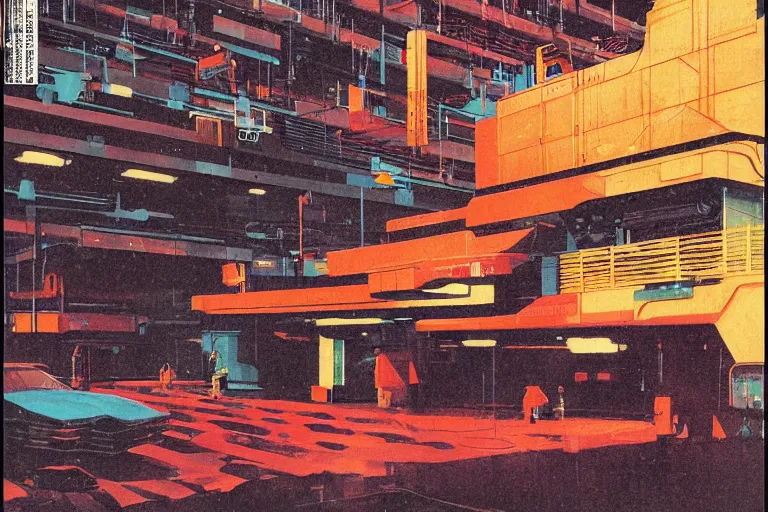 Image similar to 1979 Popular science Magazine Cover of a warehouse in neo-Tokyo in cyberpunk style by Vincent Di Fate