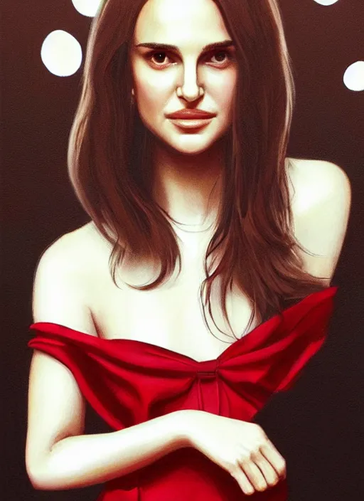 Image similar to portrait of teenage natalie portman, long haircut, flowing dark hair, white shirt, red tie, smiling kindly, forest at background, 1 9 8 0 s, intricate, elegant, glowing lights, highly detailed, digital painting, artstation, concept art, smooth, sharp focus, illustration, art by wlop, mars ravelo and greg rutkowski