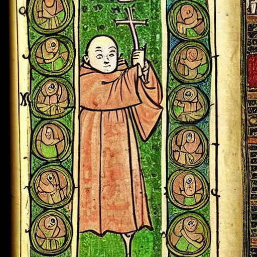 Image similar to page from a 1 4 th century monk's illustrations of the holy!! pepe the frog!!