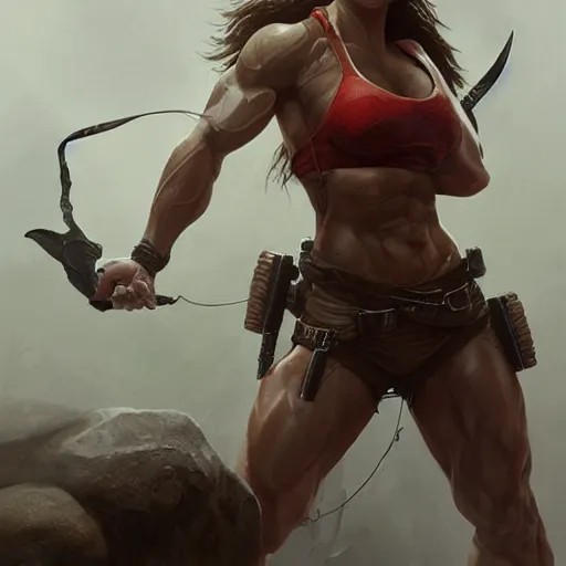 Prompt: lara croft as a female bodybuilder redhead showing her abs, fantasy, intricate, elegant, highly detailed, digital painting, artstation, concept art, matte, sharp focus, illustration, art by aenaluck and roberto ferri and greg rutkowski, epic fantasy, digital painting