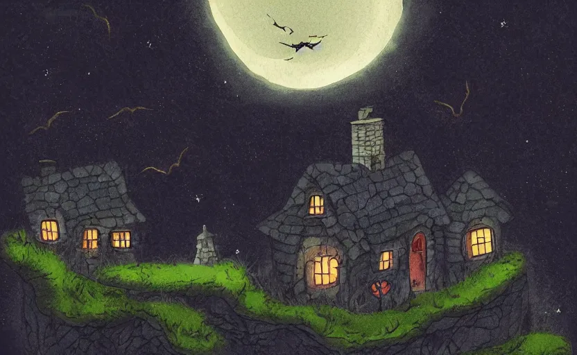 Image similar to a witch's cottage on a lonely hill against a giant moon, color ink, storybook, gouache, flat, concept art, lush