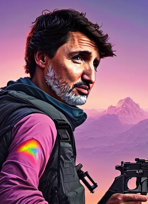 Image similar to highly detailed portrait justin trudeau in ( ( pink hoody rainbow socks ) ) holding ar - 1 5! in gta v stephen bliss unreal engine fantasy art by greg rutkowski loish rhads ferdinand knab makoto shinkai lois van baarle ilya kuvshinov rossdraws tom bagshaw global illumination radiant light detailed intricate environment