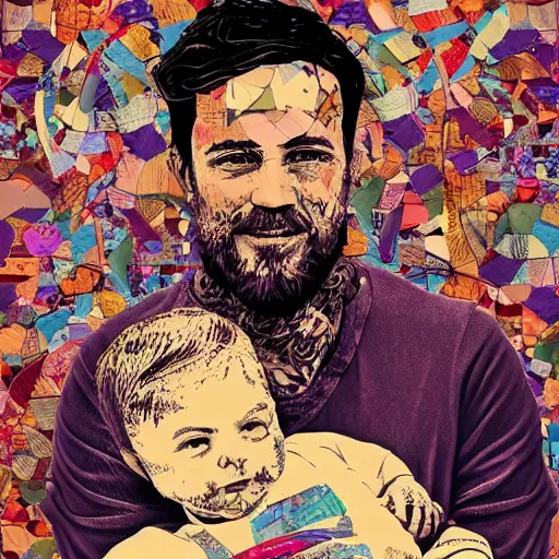 Prompt: hyperdetailed beautiful artistic digital paper collage of a father with a baby. interesting textures in vibrant tones. maximalist illustration in the style of a mixed media collage. half-lenght. matte background. well done. HD 8x