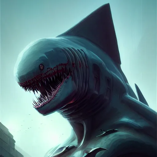 Image similar to professional ominous concept art portrait of a shark - human chimera character by artgerm and greg rutkowski. an intricate, elegant, highly detailed digital painting, concept art, smooth, sharp focus, illustration, in the style of simon stalenhag, wayne barlowe, and igor kieryluk.