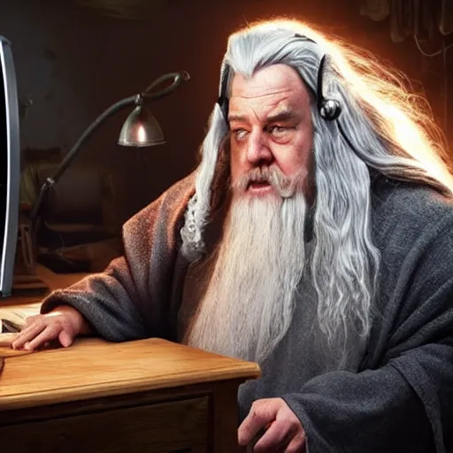 Image similar to obese Gandalf wearing a headset yelling at his monitor while playing WoW highly detailed wide angle lens 10:9 aspect ration award winning photography by David Lynch esoteric erasure head