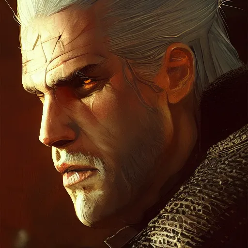 Image similar to Geralt cyberpunk, oil painting, Tooth Wu, Greg Rutkowski, RPG portrait, dynamic lighting, fantasy art, High contrast, depth of field