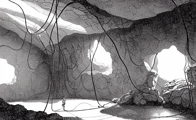 Prompt: natural cave, dynamic light, cables on ceiling and walls, some old props on the ground, mist low over ground, illustration by james gurney and josan gonzales, clean line, minimalistic