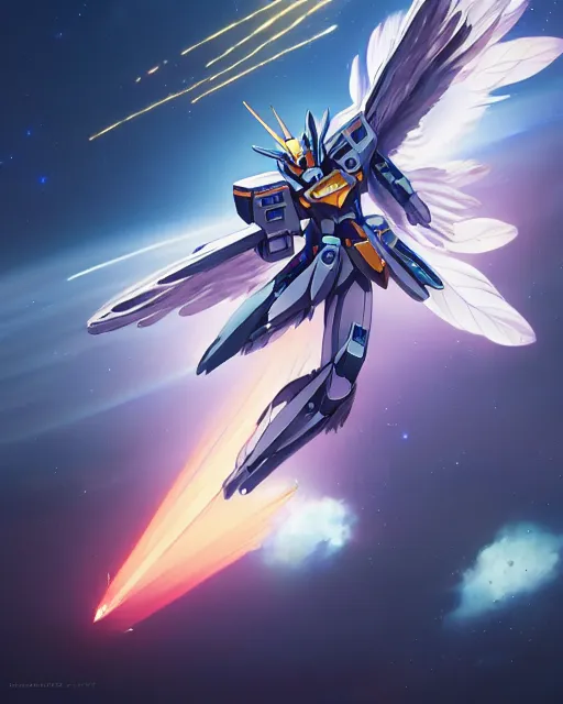 Image similar to highly detailed vfx portrait of an angelic gundam with wings of feathers beam saber fighting in space with a beam gun, unreal engine, greg rutkowski, loish, rhads, beeple, makoto shinkai and lois van baarle, ilya kuvshinov, rossdraws, tom bagshaw, alphonse mucha, global illumination, detailed and intricate environment