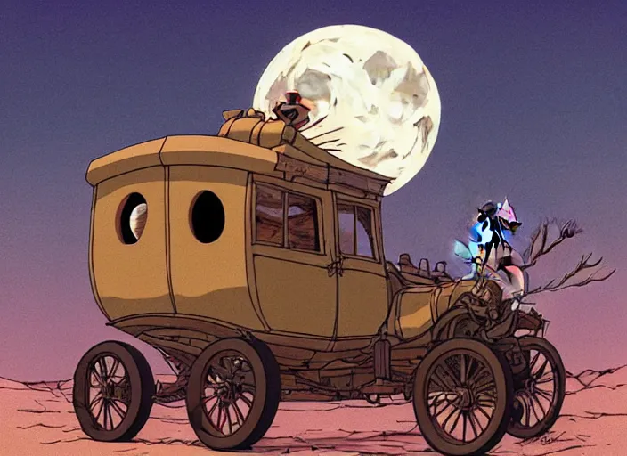 Prompt: a cell shaded cartoon of a lovecraftian tortoise stage coach from howl's moving castle ( 2 0 0 4 ), on a desert road, in front of a full moon, full body, wide shot, very muted colors, post grunge, studio ghibli, laurie greasley, highly detailed, deviantart, art by artgem