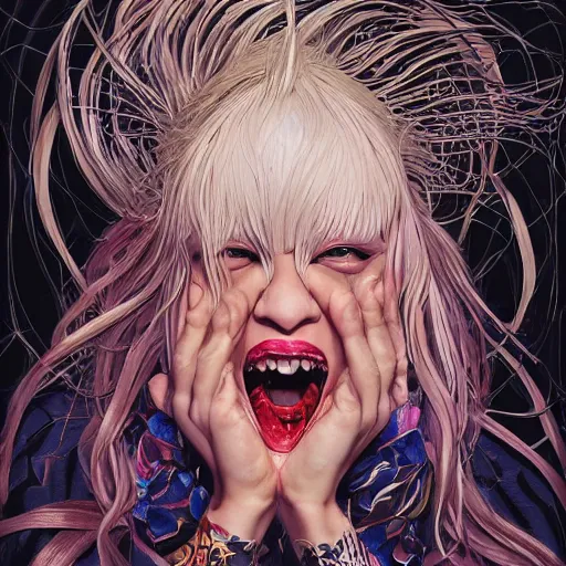 Image similar to portrait of crazy screaming beautiful singer sia kate isobelle furler, big ribbon, ymmetrical, by yoichi hatakenaka, masamune shirow, josan gonzales and dan mumford, ayami kojima, takato yamamoto, barclay shaw, karol bak, yukito kishiro