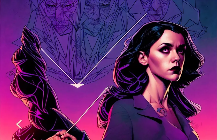 Image similar to rafael albuquerque comic cover art, artgerm, joshua middleton, pretty stella maeve witch doing black magic, serious look, purple dress, symmetrical eyes, symmetrical face, long black hair, full body, twisted evil dark forest in the background, cool colors