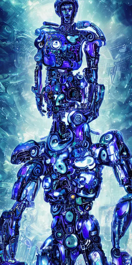 Prompt: humanoid beautiful princes machine with fulclor skin and blue eyes in a spiritual psychedelic world with super powerful and intelligent machines, cyberpunk art cosmic distopic
