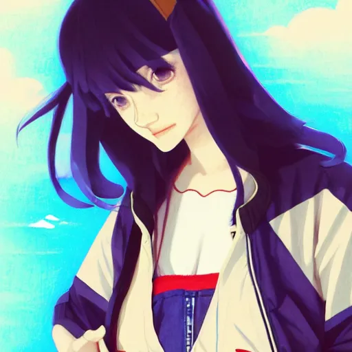 Image similar to a beautiful boyish kat dennings alluring gravure model, wearing oversized mayan bomber jacket and leotard with overalls, bulky poofy aztec native style bomber jacket with mayan patterns, gapmoe yandere grimdark, trending on pixiv fanbox, painted by greg rutkowski makoto shinkai takashi takeuchi studio ghibli, akihiko yoshida