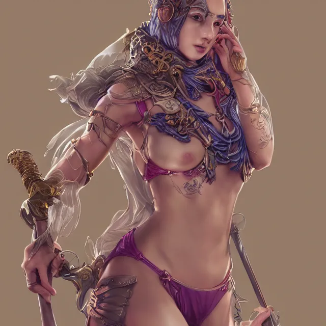 Image similar to studio portrait of neutral good colorful female cleric bard healer as absurdly beautiful, elegant, young sensual swimsuit model, ultrafine hyperrealistic detailed face illustration by kim jung gi, irakli nadar, intricate linework, sharp focus, bright colors, matte, octopath traveler, final fantasy, unreal engine highly rendered, global illumination, radiant light, intricate environment