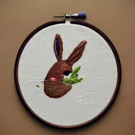 Image similar to “a rabbit eating a lizard, embroidery”