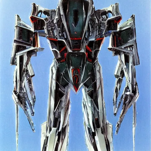 Image similar to a sleek, slender mecha suit defending the city, designed by hideaki anno, drawn by tsutomu nihei, and painted by zdzislaw beksinski