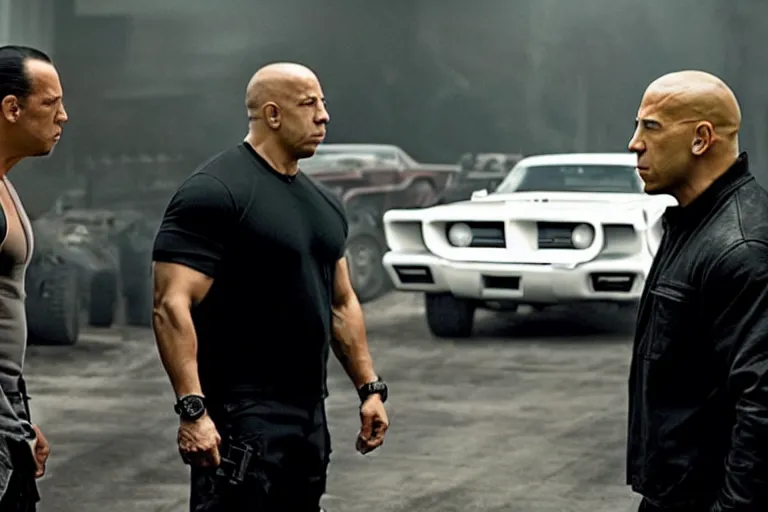 Image similar to movie still frame of steven seagal and vin diesel from the new fast & furious film, promotional image, symmetrical cinematic shot composition, stunning cinematography