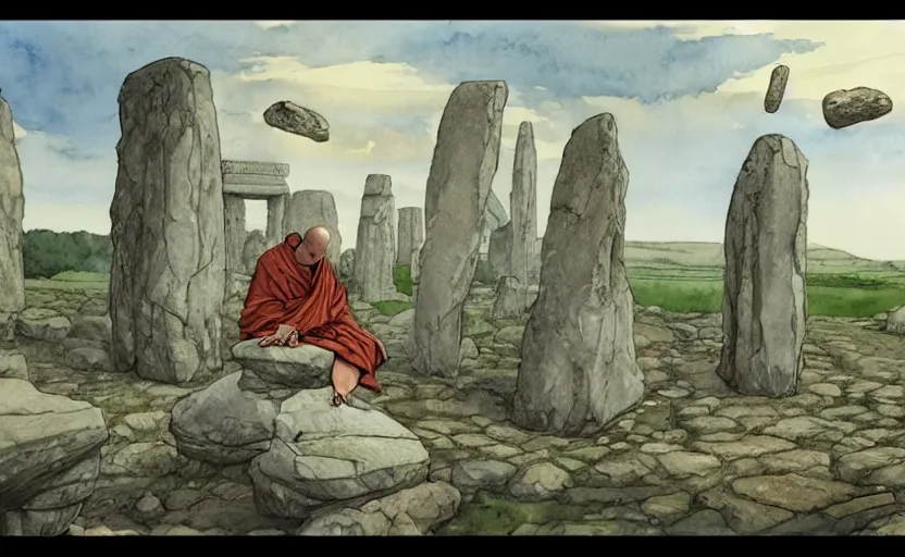 Prompt: a hyperrealist watercolor fantasy concept art of giant monk with a long forehead in grey robes sitting in stonehenge. several large stones are floating in the air. in the background a ufo is in the sky. by rebecca guay, michael kaluta, charles vess