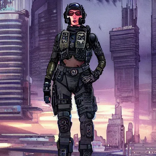 Image similar to Selina. USN special forces futuristic recon operator, cyberpunk headset, on patrol in the Australian autonomous zone, deserted city skyline. 2087. Concept art by James Gurney and Alphonso Mucha