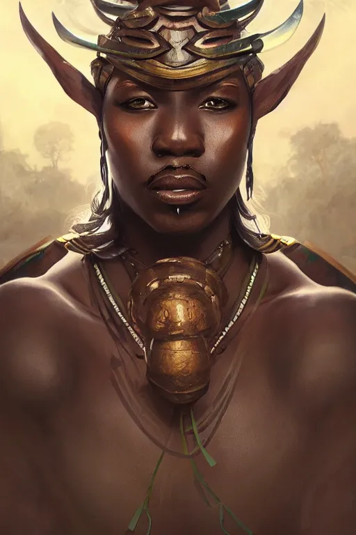 Prompt: ogun, African warrior deity, ancestral hunter God, cinematic mid portrait , digital illustration, octane render trending on arstation by artgerm, raphaelite and mucha