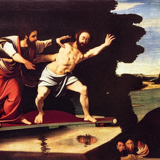 Image similar to Jesus Christ riding a hoverboard across water ,Caravaggio