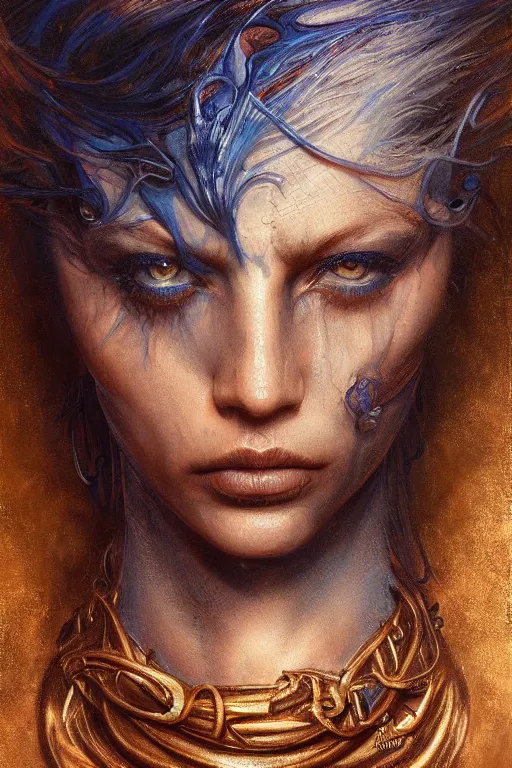 Prompt: realistic detailed painting of freman from Arrakis, blue eyes, intricate complexity, golden ratio, Kojima, Amano, Charlie Bowater, Karol Bak, Greg Hildebrandt, Jean Delville, and Mark Brooks, Neo-Gothic, gothic, rich deep colors