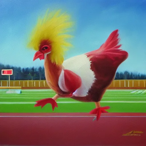 Image similar to the famous funky chicken runs across a football field, interrupting the big game, oil painting