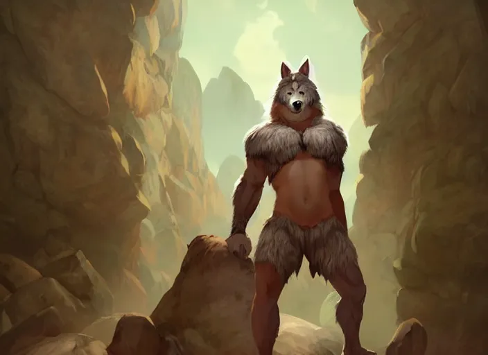 Image similar to burly tough character feature portrait of the anthro male anthropomorphic wolf fursona animal person wearing tribal primitive caveman loincloth outfit full wolf fur body standing in the entrance to the cave, head center framed character design stylized by charlie bowater, ross tran, artgerm, makoto shinkai, detailed, soft lighting, rendered in octane