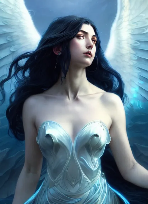 Image similar to a beautiful cinematic female archangel queen, fantasy sea landscape, fantasy magic, short aqua blue black fade hair, dark light night, intricate, elegant, sharp focus, illustration, highly detailed, digital painting, concept art, matte, art by WLOP and Artgerm and Greg Rutkowski and Alphonse Mucha, masterpiece