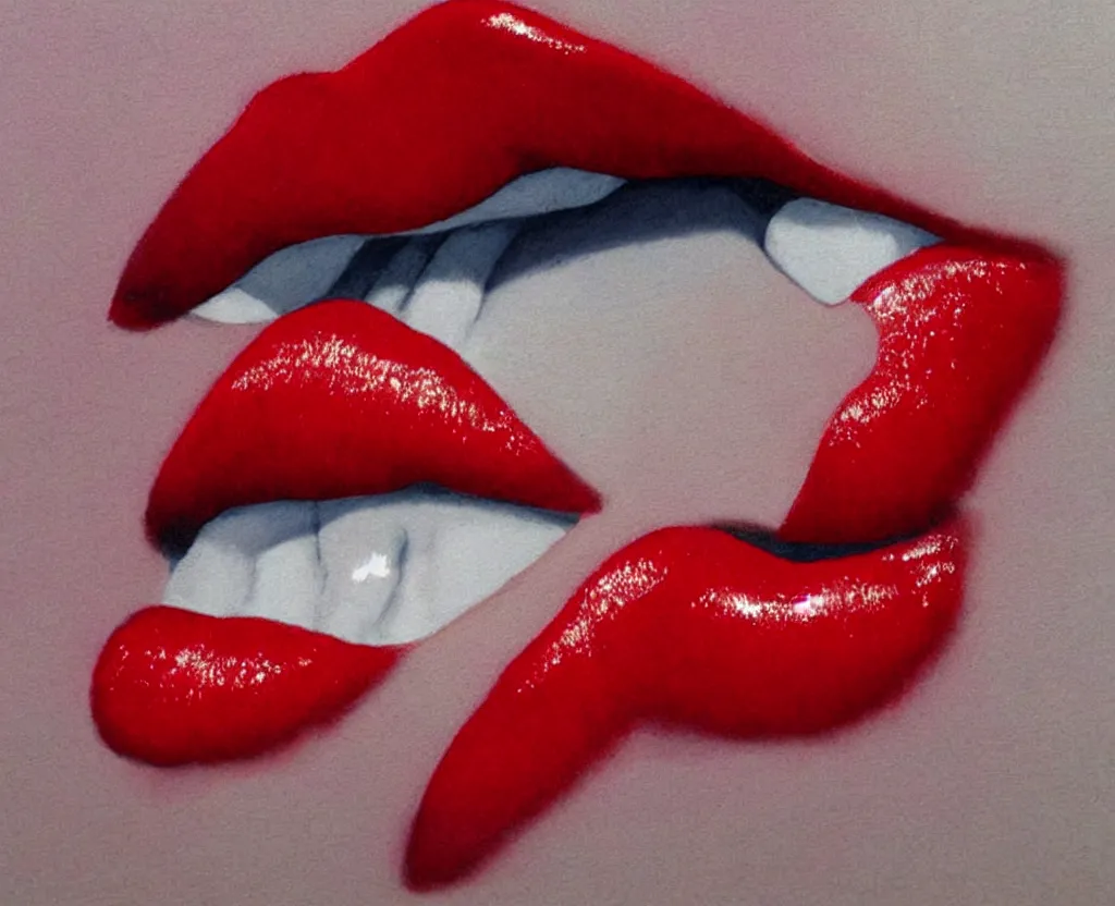 Prompt: realistic and detailed soft airbrush of a glossy scarlet red mouth on white background, inspired by 8 0's airbrush illustrations, art by masao saito