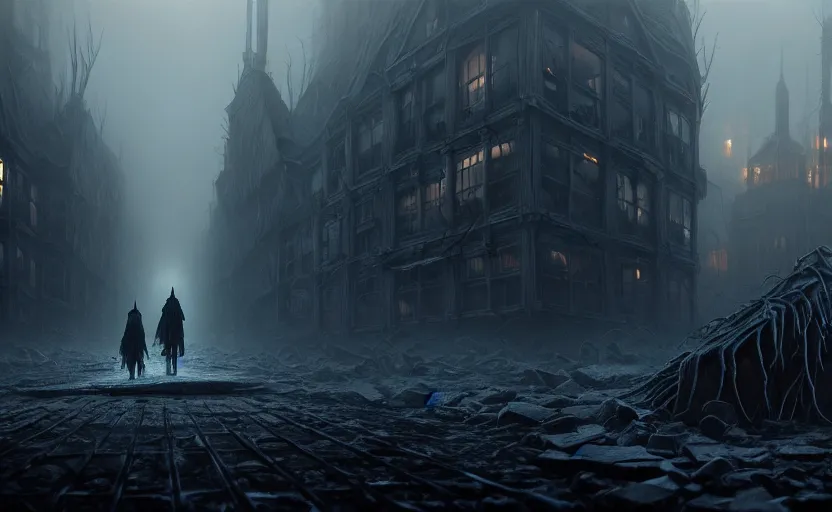 Prompt: a closeup matte painting of a supernatural hideous creature, stalking pedestrians, in the fog cyber - frostpunk city, highly detailed, in the style of remedios varo and john chamberlain, dark moody lighting, hyper photorealism, trending on artstation, 8 k