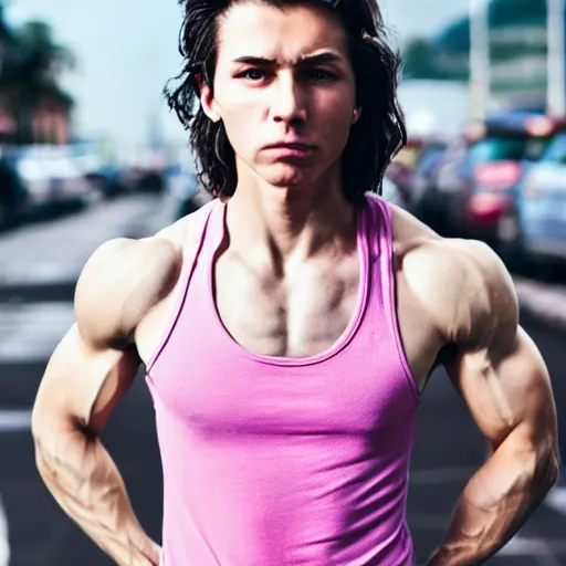 Prompt: high - quality photo of a muscular, androgynous woman wearing a pink tank top
