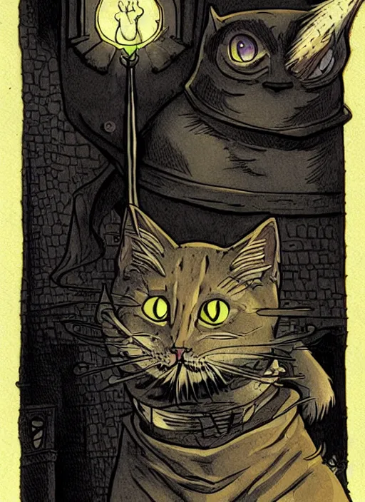 Image similar to highly detailed, hyper realistic wizard cat with a dungeon background by mike mignola