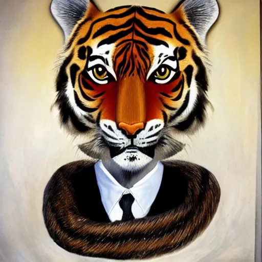 Image similar to half tiger, half robot, portrait, in style of salvador dali