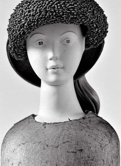 Prompt: realistic photo of a a medieval wooden barbie girl doll sculpture dressed white spherical hat helmet made of plastic, black brushwood, greyscale grain 1 9 6 0, life magazine photo, natural colors, metropolitan museum, kodak