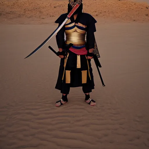 Prompt: egyptian samurai, katana, standing in desert