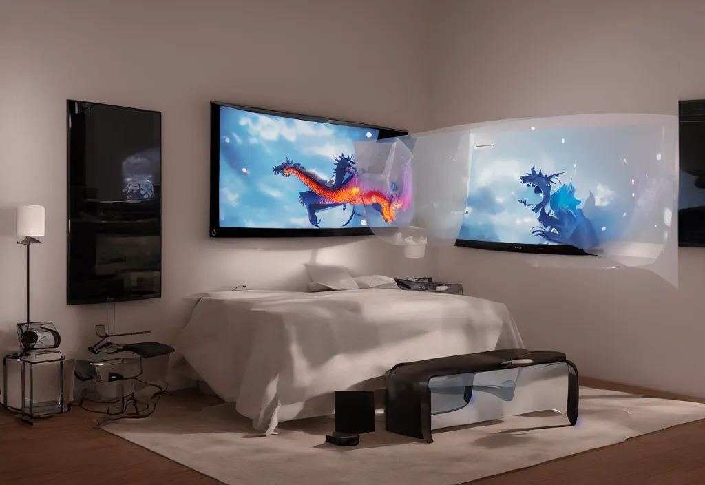 Image similar to curved transparent 3 dtv dragon popping out of tv, volumetric lighting, bedroom, visor, users, pair of keycards on table, bokeh, creterion collection, shot on 7 0 mm, instax