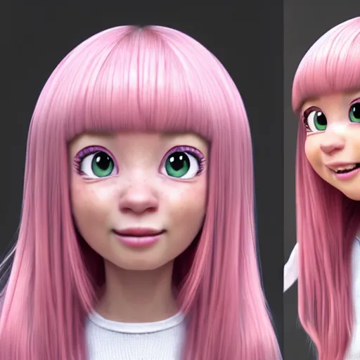 Image similar to A portrait of Nikki from Shining Nikki and Love, a cute 3d cgi toon young woman with long light pink hair, full bangs, hazel eyes, full face, light makeup, pale skin, Chinese heritage, cute outfit, medium shot, mid-shot, hyperdetailed, 8k, trending on artstation, as a Pixar character